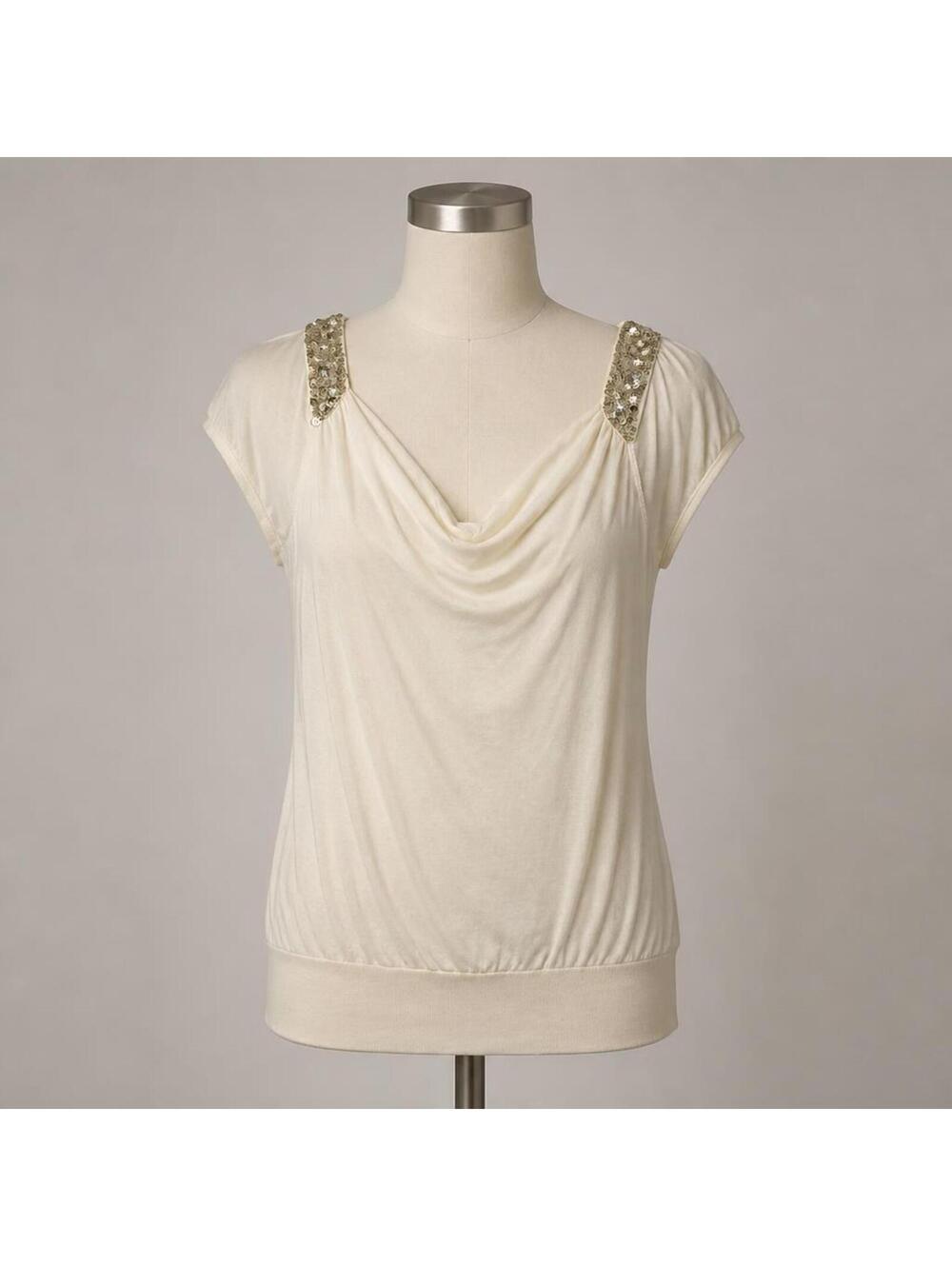 Express Design Studio Ivory Sequins Shoulder Cap Sleeve Top Medium